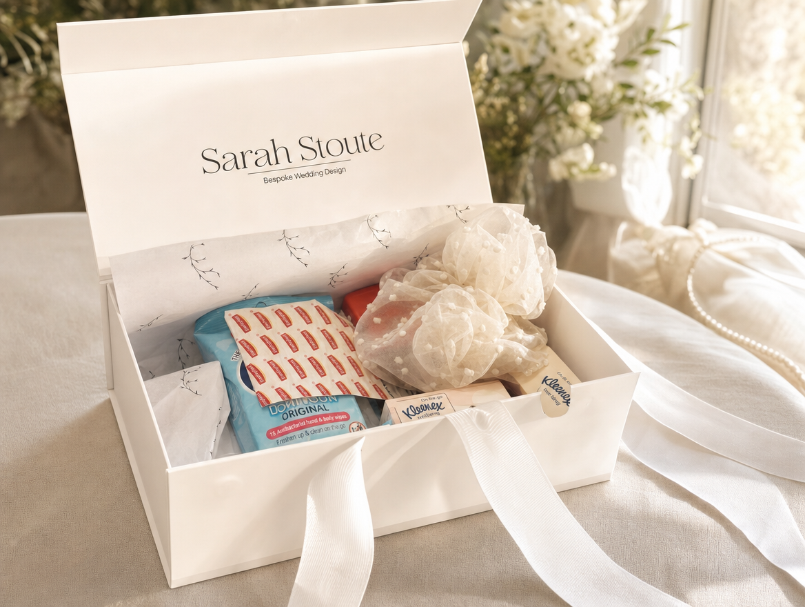 The Bridal Emergency Box, open with curated essentials